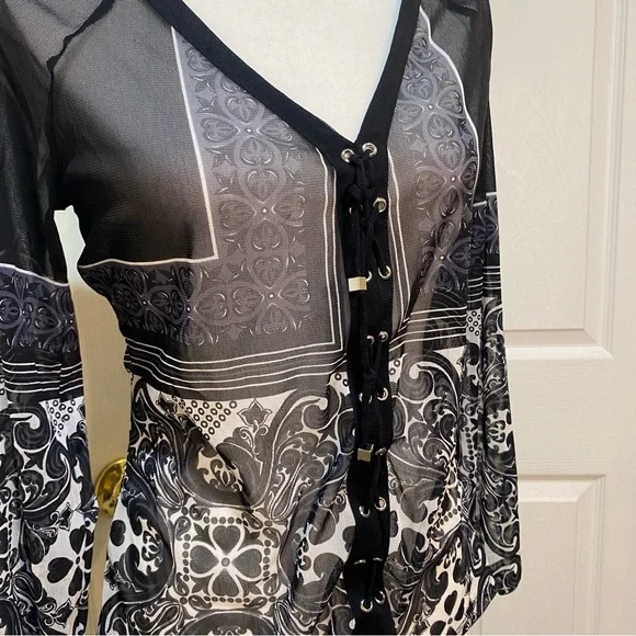 INC International Concepts Black and White Sheer Blouse - Picture 2 of 4